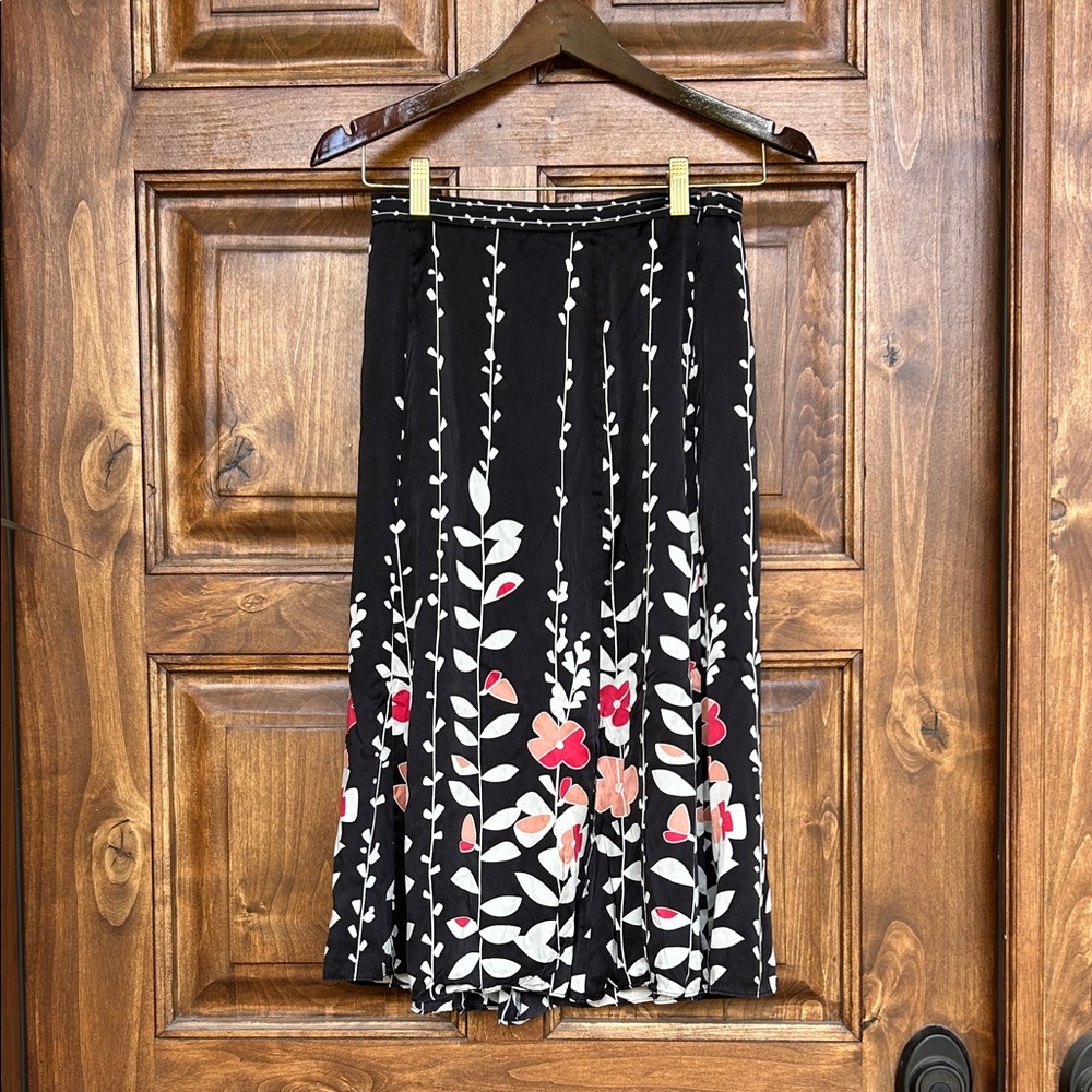 Talbots Pure Silk Black and Red Floral Midi Skirt Petite size 2